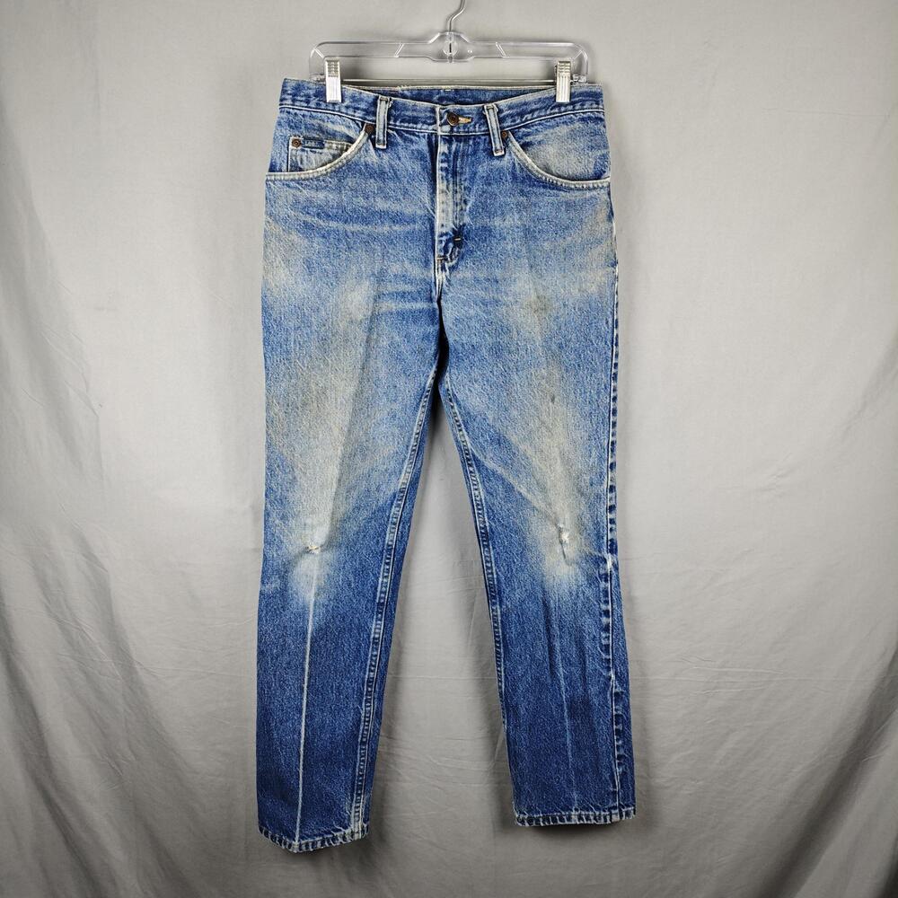 Lee Jeans Mens 33x32 Light Wash Blue Distressed Straight Leg Denim Classic